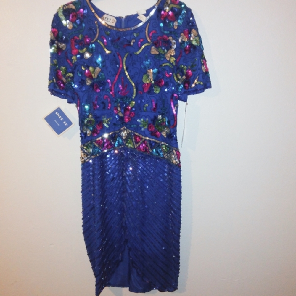 Swee Lo beaded sequins see dress size small blue & Pink Nwt
